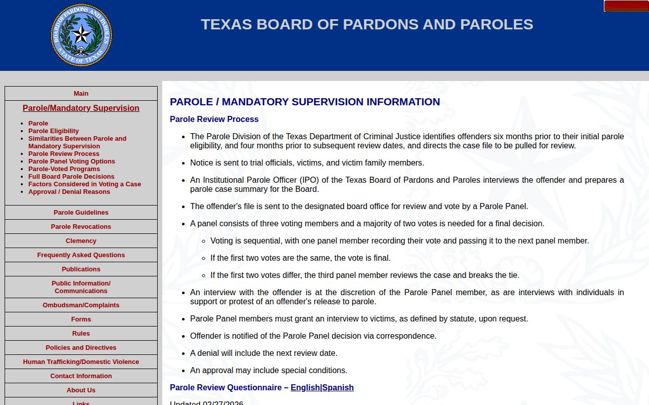 Texas Board of Pardons and Paroles review sequence